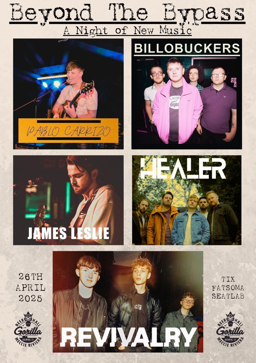Gorilla Beer Hall (@gorillabeerhall) on Twitter photo Gorilla brings you a night of new music with our 'Beyond The Bypass' night!
Join <a href="/Pablo_Carrizo_/">Pablo Carrizo</a> , <a href="/BILLOBUCKERS/">BilloBuckers</a> , James Leslie, <a href="/thisishealerUK/">HEALER</a> & <a href="/revivalryband/">Revivalry</a> for a fabulous night on the Meccie Riviera.
Grab a ticket NOW
gorillabeerhall.seatlab.com/events/26-04-2… Gorilla brings you a night of new music with our 'Beyond The Bypass' night!
Join <a href="/Pablo_Carrizo_/">Pablo Carrizo</a> , <a href="/BILLOBUCKERS/">BilloBuckers</a> , James Leslie, <a href="/thisishealerUK/">HEALER</a> & <a href="/revivalryband/">Revivalry</a> for a fabulous night on the Meccie Riviera.
Grab a ticket NOW
gorillabeerhall.seatlab.com/events/26-04-2…