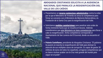 AbogadosCrist's tweet photo. Nuestras acciones en defensa del Valle, esta vez ante la Audiencia Nacional:
➡️Medidas cautelarísimas para impedir la resignificación
➡️Recurso contencioso-administrativo 
✝️¡El Valle NO se toca! https://t.co/s35Qw1Z3HH