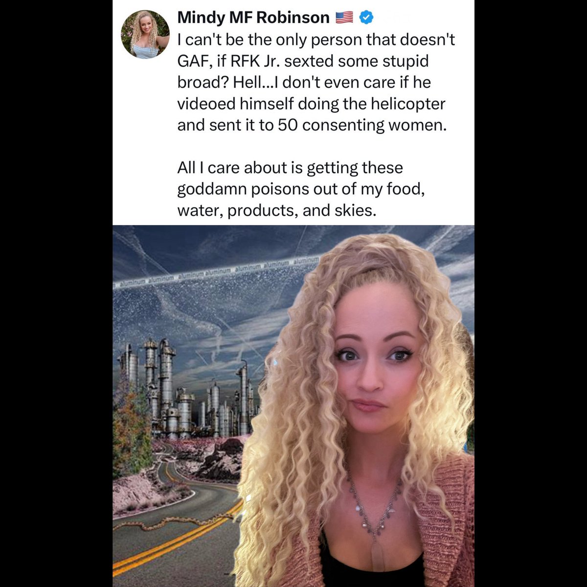 iheartmindy's tweet photo. @jakeshieldsajj I don't care what kind of run of the mill Kennedy blackmail they have on RFK.

I want these MF Chemtrails out of these MF skies. https://t.co/kKNVapU4IM