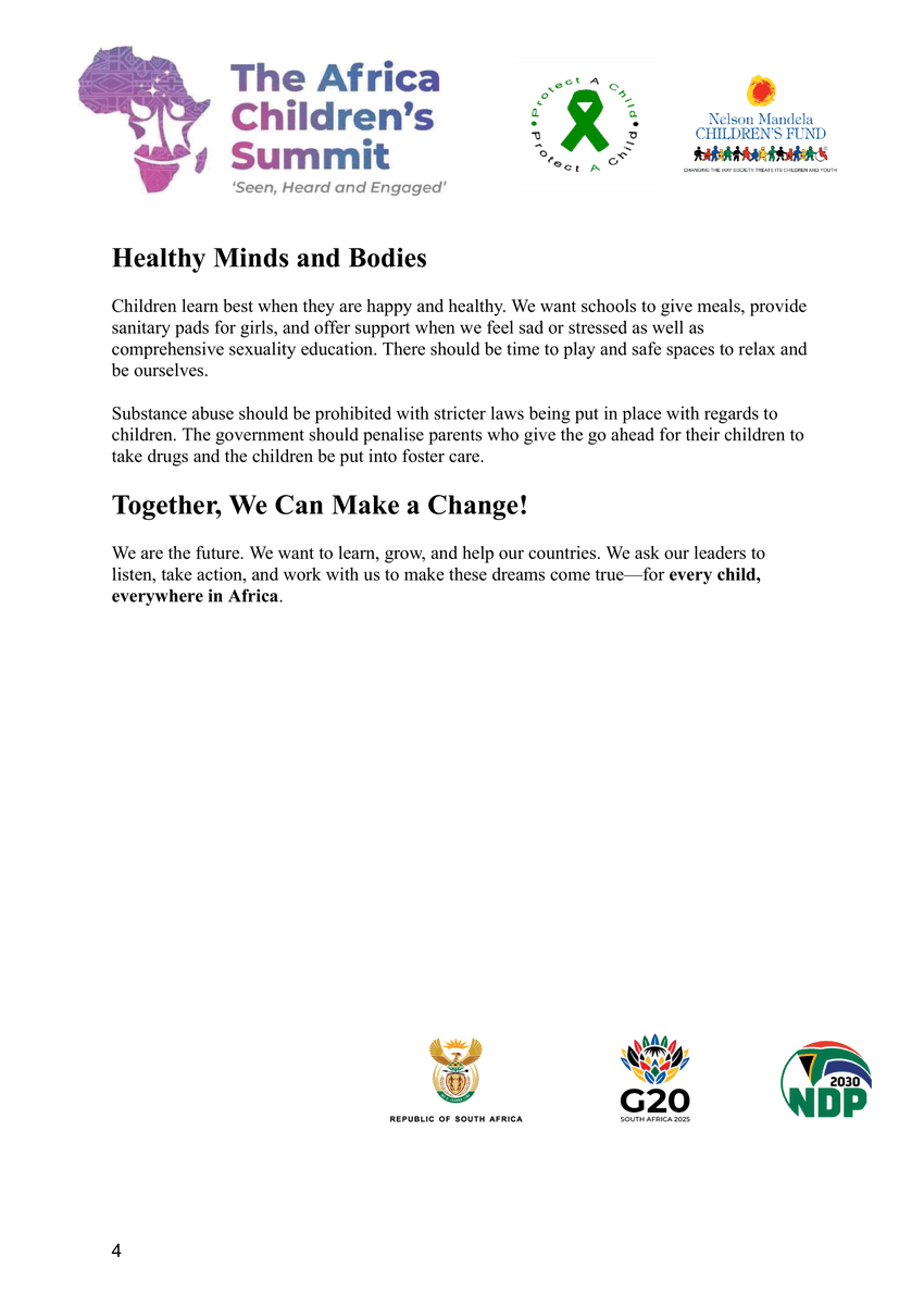 🔥 #ACS2025_DayThree 🔥

HOT OFF THE PRESS: With this #AfricaChildrensSummit2025 Outcomes Statement that was developed and adopted unopposed, children demand action, monitoring, and feedback from the current African political leaders of the continent's 54 nations. Children say