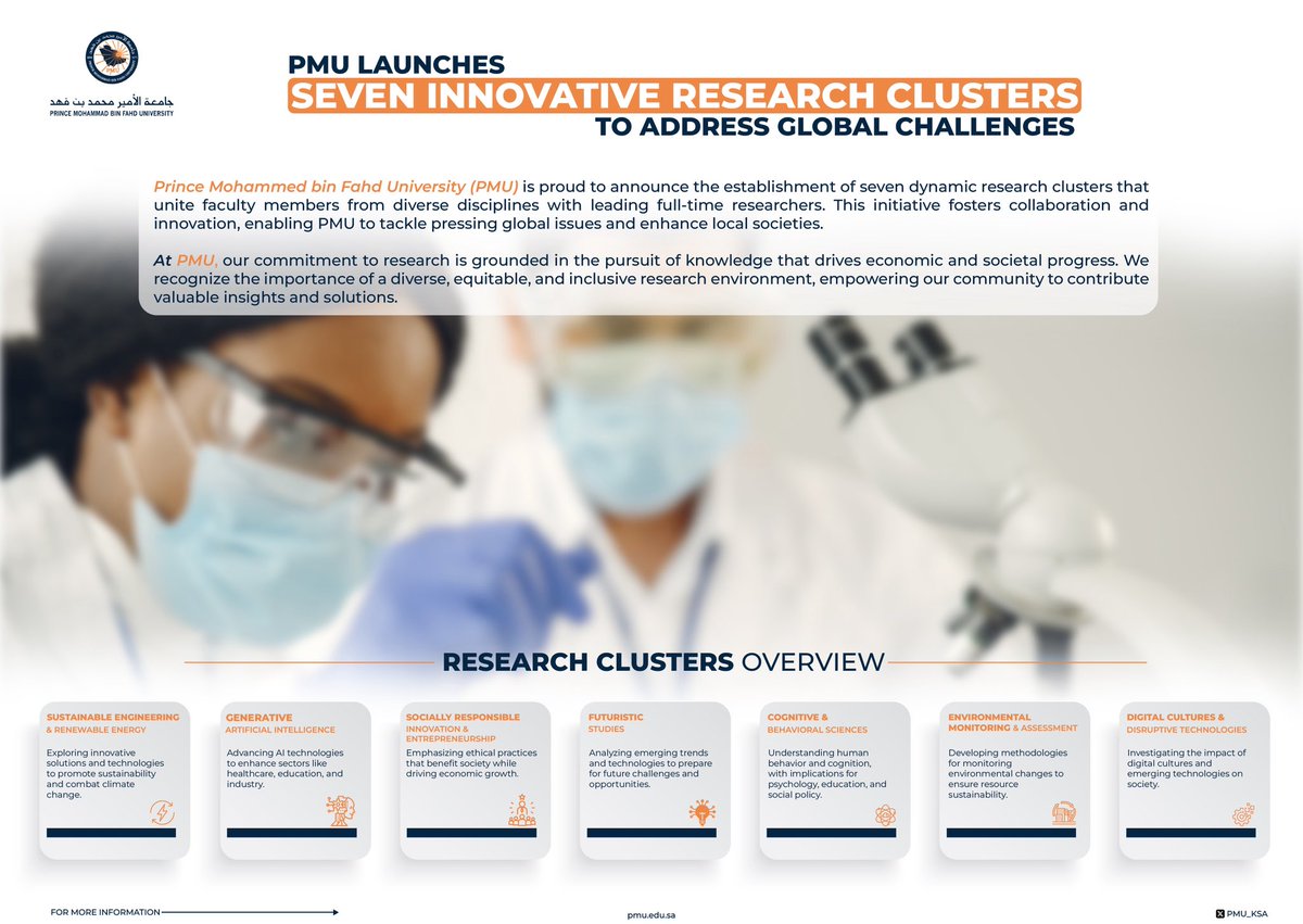 <a href="/PMU_KSA/">PMU</a> is leading the way with seven innovative research clusters focused on #sustainability, #AI, and more! 
Together, we're shaping a better future for our communities and beyond. #Research #PMU #KSA #Vision2030 #Innovation