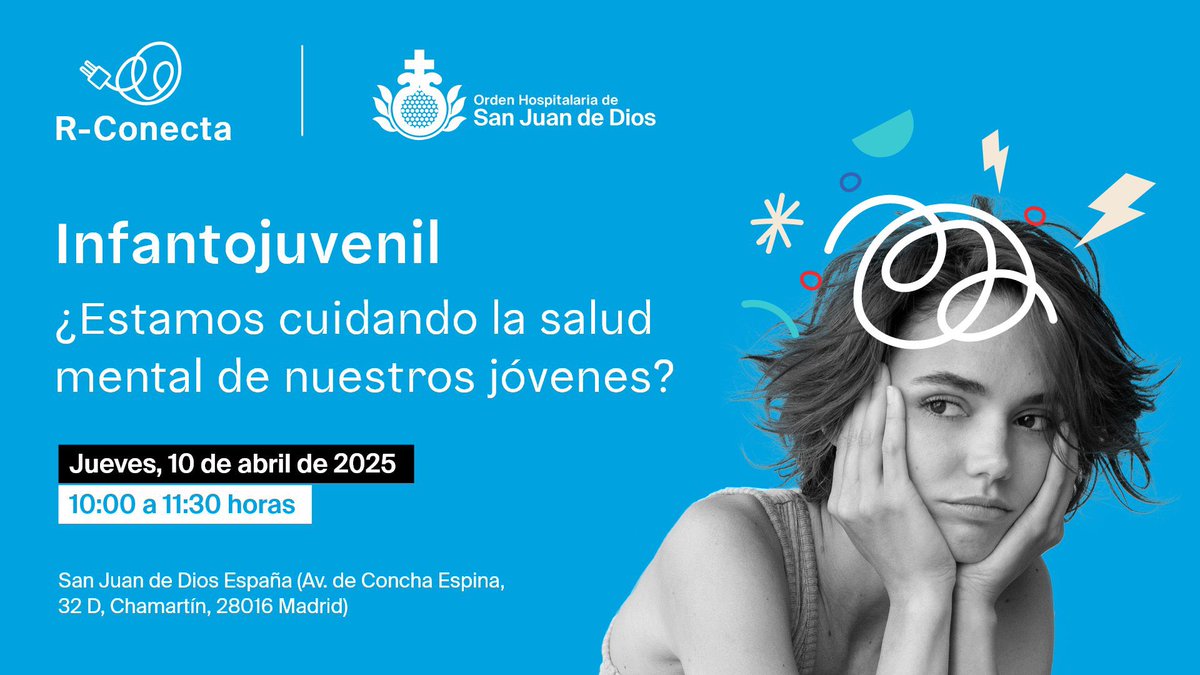María Zabala (@iwomanish) on Twitter photo El jueves presento R-conecta, iniciativa de <a href="/OHSanJuandeDios/">San Juan de Dios España</a> Madrid. Reflexión sobre #saludmental infanto-juvenil. ¿La estamos cuidando? ¿Cómo afrontar las nuevas problemáticas?
Con <a href="/Be_Henka/">Henka</a> <a href="/SJDbarcelona_es/">Hospital Sant Joan de Déu Barcelona ES</a>, <a href="/FadJuventud/">Fad</a>, <a href="/maranon_ips/">IPSMarañón</a>, <a href="/cnsdlp/">Clínica NS de La Paz</a>.
sjd.es/evento/r-conec… El jueves presento R-conecta, iniciativa de <a href="/OHSanJuandeDios/">San Juan de Dios España</a> Madrid. Reflexión sobre #saludmental infanto-juvenil. ¿La estamos cuidando? ¿Cómo afrontar las nuevas problemáticas?
Con <a href="/Be_Henka/">Henka</a> <a href="/SJDbarcelona_es/">Hospital Sant Joan de Déu Barcelona ES</a>, <a href="/FadJuventud/">Fad</a>, <a href="/maranon_ips/">IPSMarañón</a>, <a href="/cnsdlp/">Clínica NS de La Paz</a>.
sjd.es/evento/r-conec…