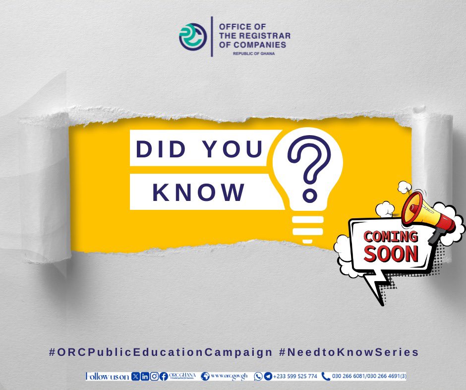 OrcGhana's tweet photo. 🔊Anticipate
Stay tuned each week as we unpack ORC services in simple, bite-sized pieces to keep you informed and empowered in the business world.
#NeedtoKnowSeries
#ORCPublicEducationCampaign https://t.co/SrOOqtnuxb