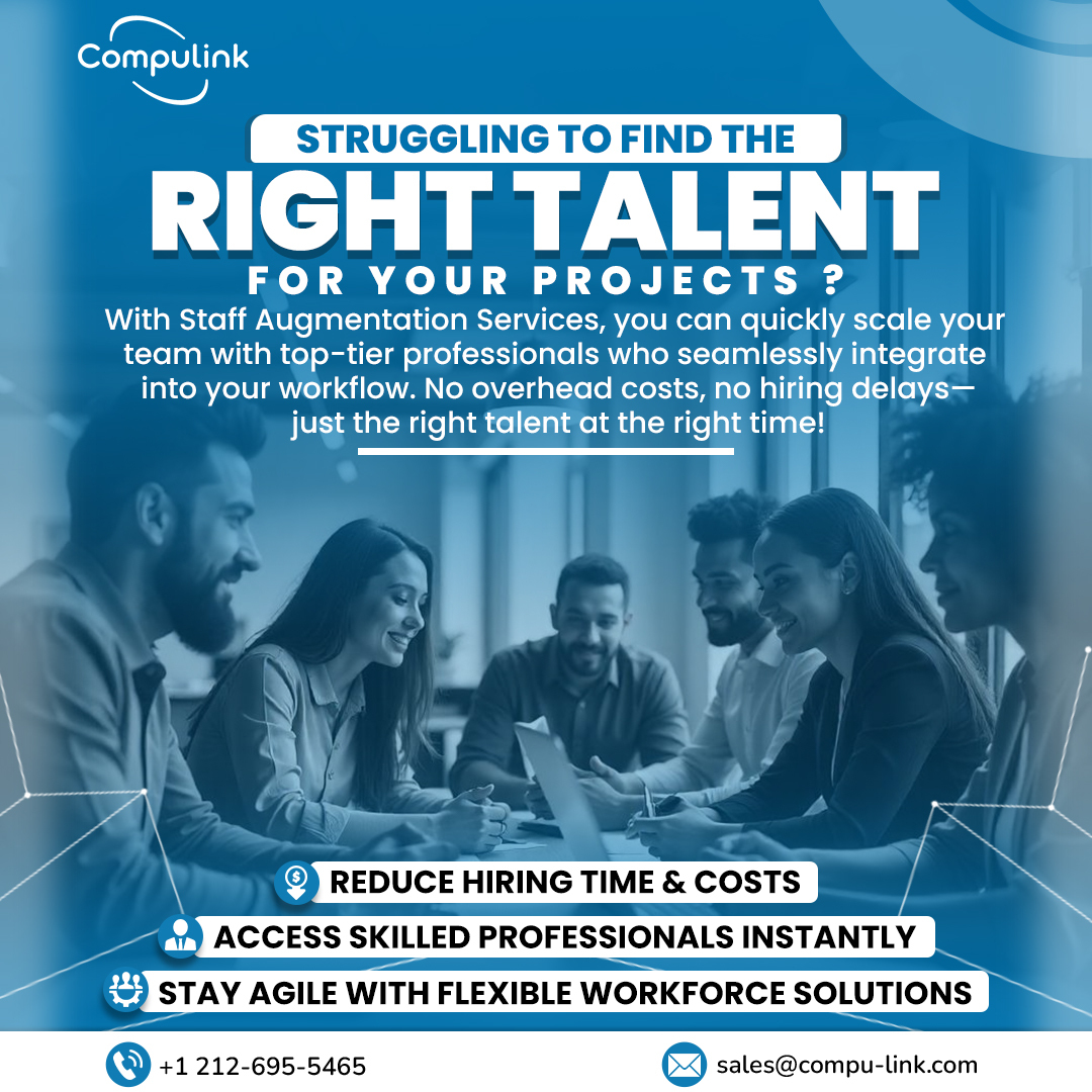 CompulinkTech's tweet image. With our Staff Augmentation Services, you gain instant access to skilled professionals who seamlessly integrate into your workflow without the hassle of lengthy hiring processes or overhead costs.
.
📩 sales@compu-link.com
📞  +1 212-695-5465
.
#Compulink #StaffAugmentation