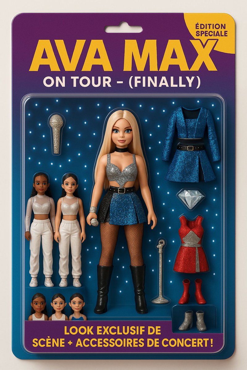 AvaMaxLiveTour's tweet photo. Ava Max – On Tour (Finally)
Édition spéciale collector !
Retrouve Ava & ses danseuses dans un coffret glitter 100% pop vibes.
Tenues brillantes, accessoires de scène, énergie live à emporter partout !
#AvaMaxDoll #OnTourFinally #PopPrincess2000 #TourVibes #SparklePower https://t.co/M4meVNVrJY