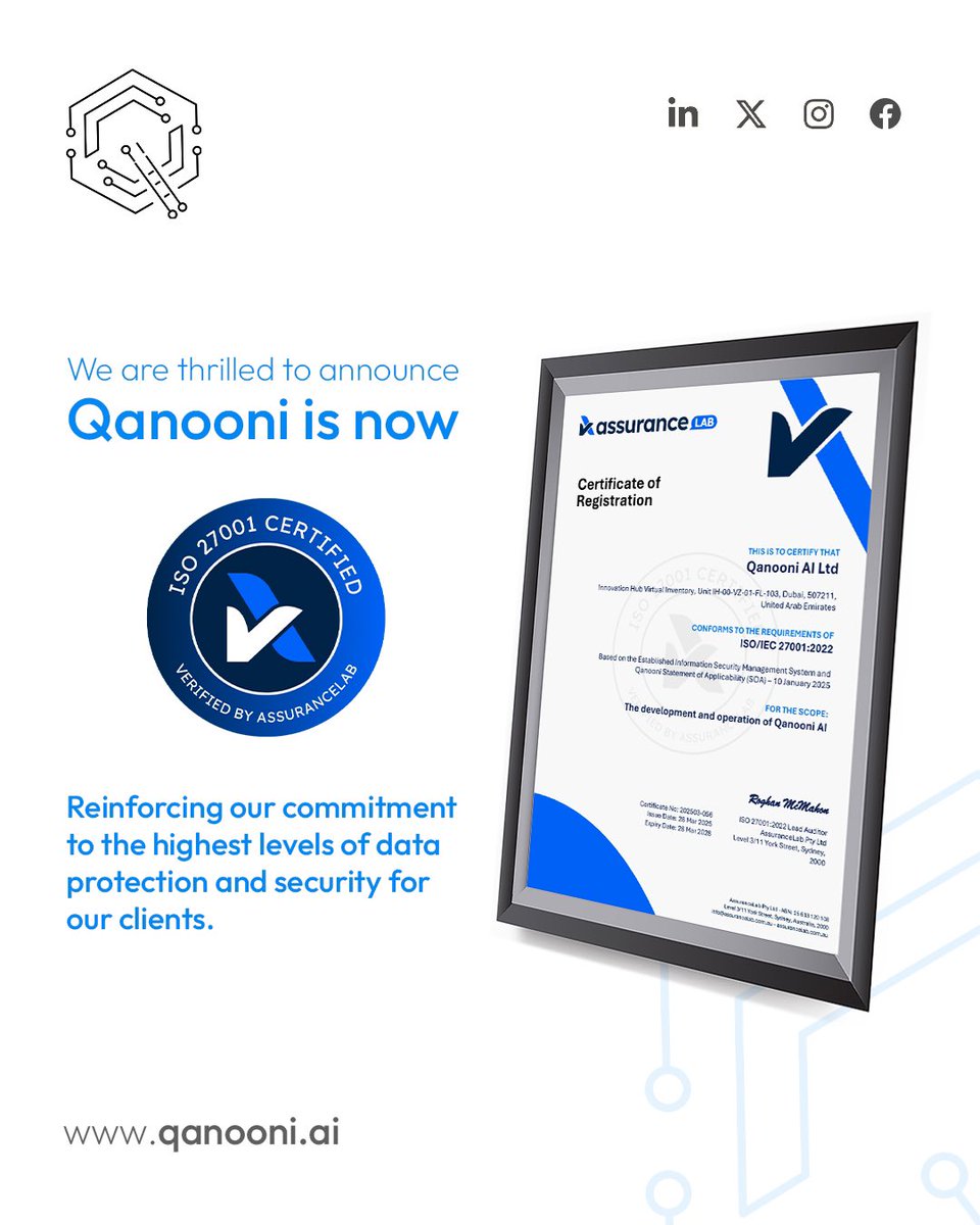 Qanooni AI (@qanooniai) on Twitter photo Proud moment for Qanooni! We've officially achieved ISO 27001 certification — a major step that reflects our commitment to top-tier security, quality, and continuous improvement. <a href="/AssuranceLab/">AssuranceLab</a>
Grateful to our team and clients for the support!
#qanooniai #iso27001 #legaltech Proud moment for Qanooni! We've officially achieved ISO 27001 certification — a major step that reflects our commitment to top-tier security, quality, and continuous improvement. <a href="/AssuranceLab/">AssuranceLab</a>
Grateful to our team and clients for the support!
#qanooniai #iso27001 #legaltech