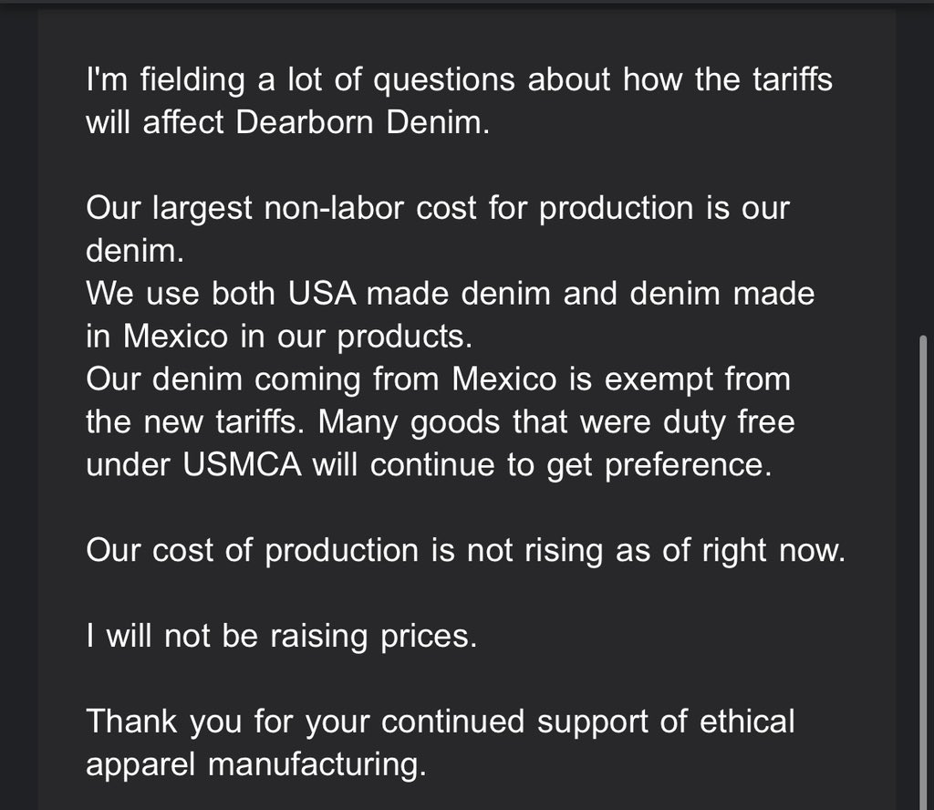 jungleyjoose's tweet photo. @philthatremains Probably all depends.... here's an email I received from a small manufacturer and brand in Chicago IL @dearborndenim https://t.co/b72n2n1qUI