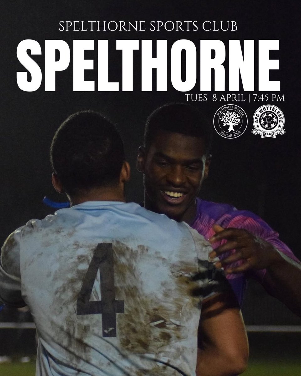 Spelthorne Sports vs <a href="/AFCWhyteleafe/">AFC Whyteleafe 🏆🏆</a> 
PDS | Tuesday 8 April | KO: 7:45PM
Spelthorne Sports Club, TW15 1RY
Bar: 6:00PM | Gates: 6:45PM
Tickets: Adults £8 | Concessions £5 | U16s £2
#Spelthorne #UpTheSpelly #SpelthorneSports #SpelthorneSportsFC