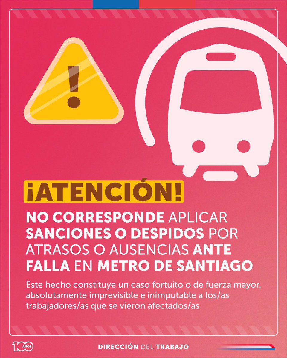 Ante la incidencia en Línea 1 reportada por <a href="/metrodesantiago/">Metro de Santiago</a> recordamos que en estos casos fortuitos o de fuerza mayor, no corresponde aplicar sanciones o despidos por atrasos a aquellos trabajadores/as afectados por esta contingencia #DerechosLaborales