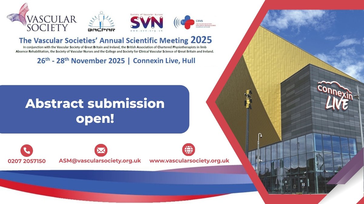 Vascular Society (@vsgbi) on Twitter photo We are delighted to announce that abstract & MDT case study submissions are now open for the Vascular Societies' Annual Scientific Meeting!
⏰The deadline for submissions is 9am, Monday 21st July. Further info vascularsociety.org.uk/annual-meeting…
<a href="/svtgbi/">CSVS</a> <a href="/BACPAR_official/">BACPAR</a> <a href="/vascularnurses/">SVN (Society of Vascular Nurses)</a> We are delighted to announce that abstract & MDT case study submissions are now open for the Vascular Societies' Annual Scientific Meeting!
⏰The deadline for submissions is 9am, Monday 21st July. Further info vascularsociety.org.uk/annual-meeting…
<a href="/svtgbi/">CSVS</a> <a href="/BACPAR_official/">BACPAR</a> <a href="/vascularnurses/">SVN (Society of Vascular Nurses)</a>