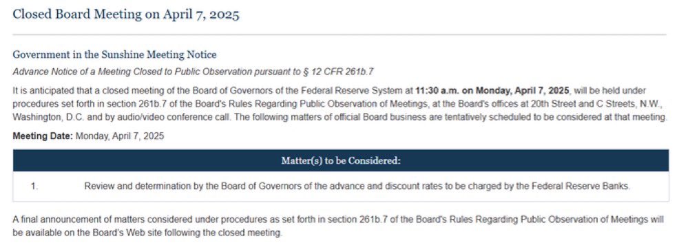 cryptorover's tweet image. 💥BREAKING:

THE FED WILL HOLD A CLOSED BOARD MEETING ON APRIL 7.

EMERGENCY RATE CUTS INCOMING???

THIS WOULD BE GIGA BULLISH FOR #BITCOIN &amp;amp; CRYPTO 🚀