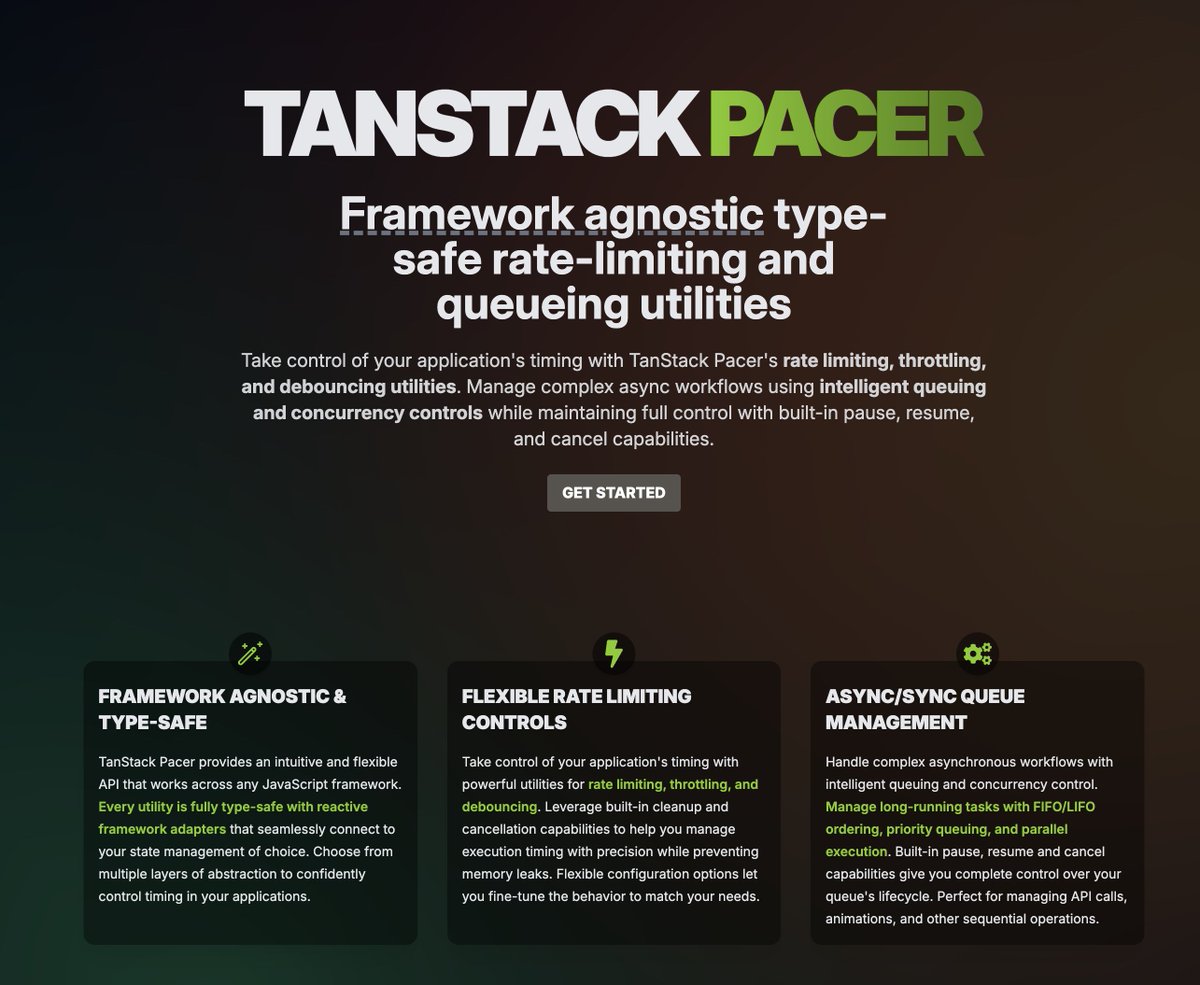 Soft launching a new TanStack library today. 

Check out TanStack Pacer! A small utility library for debouncing, throttling, rate limiting, queuing, and task pooling.

It's in alpha, but can't wait to see how this might evolve.
