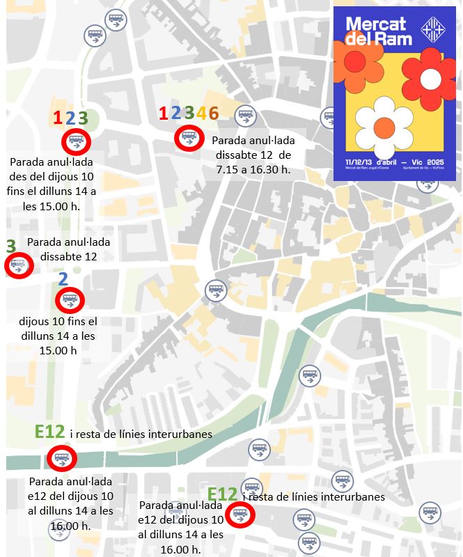 📢🚧Consulta les afectacions a la mobilitat, en vehicle privat i en transport públic 🚘🚌, que hi ha previstes a #Vic amb motiu del <a href="/MercatRam/">Mercat del Ram</a>  🐷🐮🚜 a 👉scur.cat/7ZD0EN