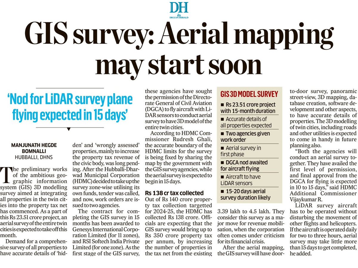GIS survey

Aerial survey of #Hubballi-#Dharwad likely to begin this month, permission sought

deccanherald.com/india/karnatak…

<a href="/DeccanHerald/">Deccan Herald</a> <a href="/HubliCityeGroup/">Hublicity-eGroup</a> <a href="/HdmcHubliDwd/">Hubballi-Dharwad Municipal Corporation</a> <a href="/hublimandi/">Hubballi Dharwad</a> <a href="/Namma_HD/">ನಮ್ಮ ಹುಬ್ಬಳ್ಳಿ-ಧಾರವಾಡ💛❤️Namma Hubballi-Dharwad</a> <a href="/arunkbh/">Arunkumar Huralimath</a> <a href="/Namma_Dharwad/">ನಮ್ಮ ಧಾರವಾಡ</a> <a href="/NorthKA_Rises/">North karnataka Rises</a> <a href="/Hubballi_Infra/">Hubballi Dharwad Infra</a>