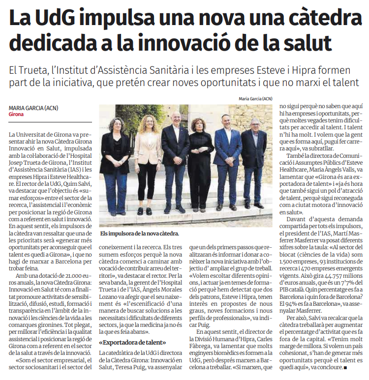 biocat_bioregio's tweet photo. 📰 La UdG impulsa la nova Càtedra Girona Innovació en #Salut
 
La @univgirona, juntament amb Hospital Josep Trueta, @iasgirona i les empreses Esteve i Hipra, ha presentat la nova Càtedra #Girona Innovació en Salut. 

@DiarideGirona https://t.co/BJAqn9oEsA