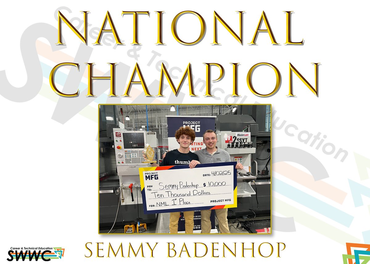 🏆NATIONAL CHAMPION🏆

Congrats to Semmy Badenhop who won the National Championship at the Project MFG National Machining League Competition! Along with the title of National Champion, Semmy also took home a $10,000 check! Mr. Trout and the rest of the SWWC is very proud!