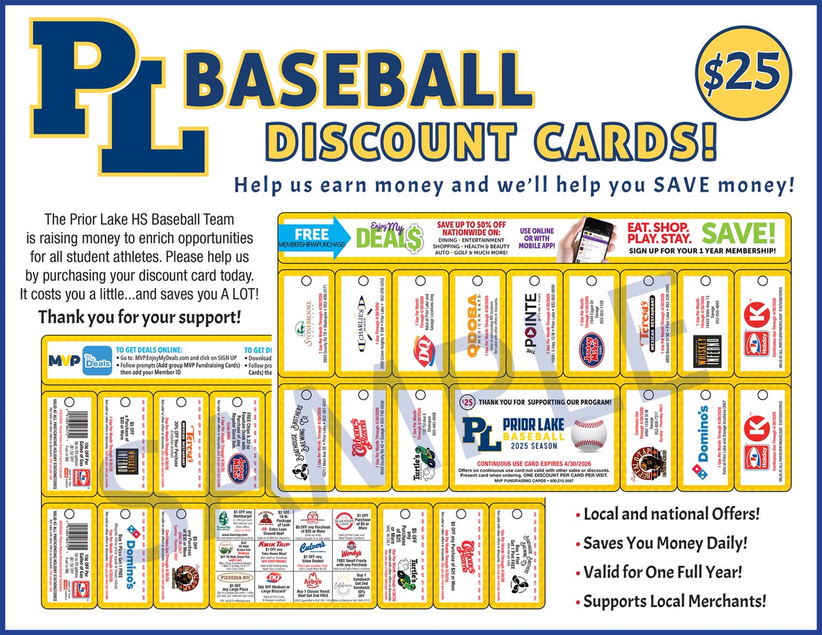 Gold cards are on sale!

Gold cards are $25 and get you coupons to many of your favorite stores and restaurants in the PL/Savage area!

To order, contact a PLHS baseball player, email plbaseballnation@gmail.com by April 10 or watch for our players out selling them on April 12!