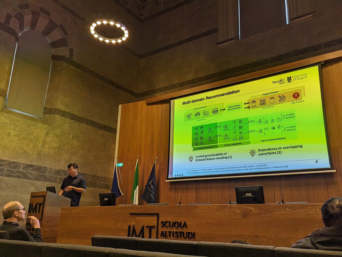 Jack McKechnie (@jackmck1999) on Twitter photo Listening to a great talk from <a href="/ZixuanYI_/">Zixuan Yi</a> about multi-domain recommendation here at #ECIR2025. What a venue!
<a href="/ir_glasgow/">Glasgow IR Group</a> <a href="/GlasgowCS/">UofG Computing Science</a> <a href="/ecir2025/">ECIR2025</a> Listening to a great talk from <a href="/ZixuanYI_/">Zixuan Yi</a> about multi-domain recommendation here at #ECIR2025. What a venue!
<a href="/ir_glasgow/">Glasgow IR Group</a> <a href="/GlasgowCS/">UofG Computing Science</a> <a href="/ecir2025/">ECIR2025</a>