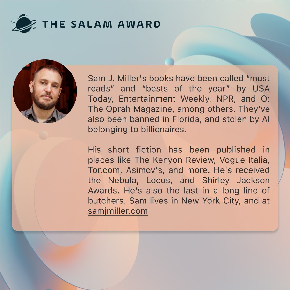 And finally we have the brilliant Sam J. Miller! We are obsessed with his haunting stories. Read more about our 2025 jury here and remember to submit using this link: thesalamaward.com/submit-story/