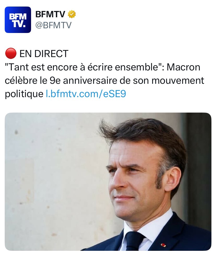 Dans la famille "J'ai dynamité le pays et je suis fier de mon bilan", voici le Mozart de la gabegie et du chaos qui célèbre les 9 ans de son mouvement politique. 
9 ans de gestion désastreuse de la France par une oligarchie toxique ; 9 ans de gaspillage d'argent public ; 9 ans de