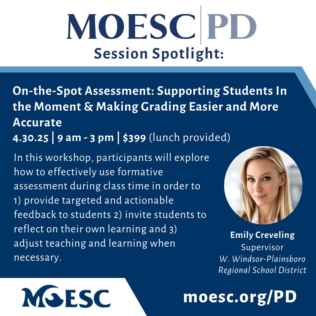 #MOESCPD Session Spotlight 🔦

"On-the-Spot Assessment: Supporting Students In the Moment and Making Grading Easier and More Accurate"

Presented by Emily Creveling, W. Windsor-Plainsboro Regional School District

👉 moesc.org/PD