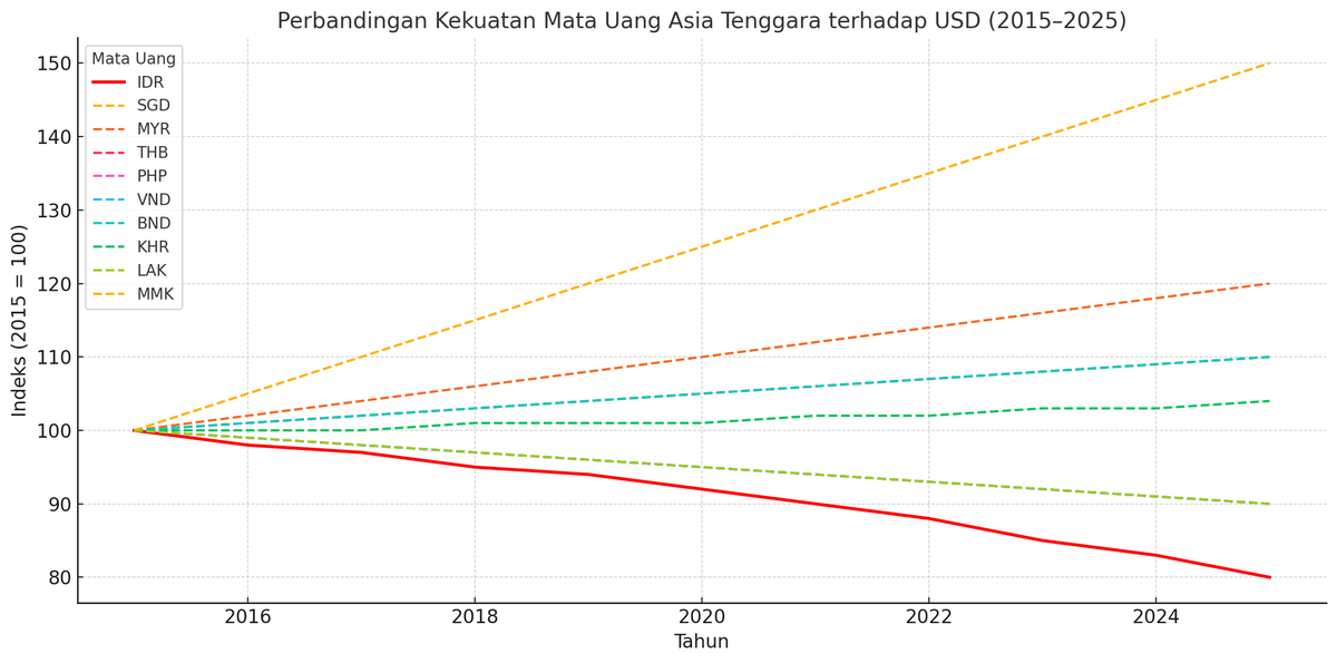 Bagaimana Posisi Indonesia jika dibandingkan dengan tetangga?

Dari grafik perbandingan indeks nilai tukar 2015–2025:

Rupiah mengalami depresiasi nyata dan konsisten selama 10 tahun terakhir, menjadikan mata uang dengan performa terburuk dalam jangka panjang dibandingkan hampir