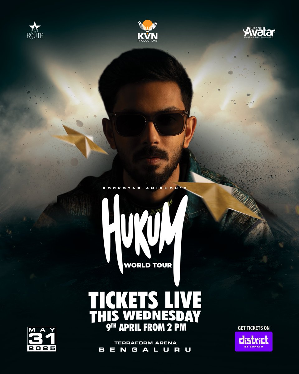 Brand Avatar (@brandavatar) on Twitter photo Bengaluru‼ Set your alarms & mark your calendars 💥
Tickets for <a href="/anirudhofficial/">Anirudh Ravichander</a>’s #HukumWorldTour go LIVE on April 9, 2PM 🎟️
🔗 link.district.in/DSTRKT/HukumBg…
<a href="/lifeindistrict/">District</a> <a href="/TheRoute/">TheRoute</a> <a href="/KvnProductions/">KVN Productions</a> <a href="/Jagadishbliss/">Jagadish</a> <a href="/LohithNK01/">Lohith NK</a> <a href="/Hem_chandran/">Hemachandran</a>
#DistrictByZomato #LifeInYourDistrict Bengaluru‼ Set your alarms & mark your calendars 💥
Tickets for <a href="/anirudhofficial/">Anirudh Ravichander</a>’s #HukumWorldTour go LIVE on April 9, 2PM 🎟️
🔗 link.district.in/DSTRKT/HukumBg…
<a href="/lifeindistrict/">District</a> <a href="/TheRoute/">TheRoute</a> <a href="/KvnProductions/">KVN Productions</a> <a href="/Jagadishbliss/">Jagadish</a> <a href="/LohithNK01/">Lohith NK</a> <a href="/Hem_chandran/">Hemachandran</a>
#DistrictByZomato #LifeInYourDistrict