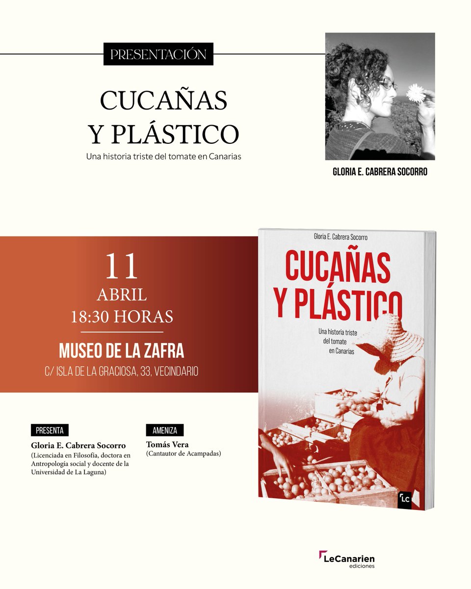 PRESENTACIÓN EN GRAN CANARIA
Gloria Cabrera presenta su último trabajo, "Cucañas y plástico", en el Museo de la Zafra de Vecindario. ¡Te esperamos!  

LIBRO: lecanarienediciones.com/inicio/326-cuc…