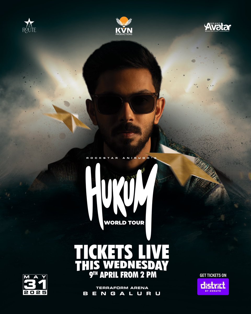 KVN Productions (@kvnproductions) on Twitter photo Bengaluru‼️Set your Alarms, Mark your calendars 💥
Tickets going live on <a href="/lifeindistrict/">District</a> for <a href="/anirudhofficial/">Anirudh Ravichander</a> ‘s #HukumWorldTour on April 9th, 2 PM onwards ♥️
🔗 link.district.in/DSTRKT/HukumBg…
<a href="/TheRoute/">TheRoute</a> <a href="/KvnProductions/">KVN Productions</a> <a href="/BrandAvatar/">Brand Avatar</a>
<a href="/Jagadishbliss/">Jagadish</a> <a href="/LohithNK01/">Lohith NK</a>
<a href="/Hem_chandran/">Hemachandran</a> Bengaluru‼️Set your Alarms, Mark your calendars 💥
Tickets going live on <a href="/lifeindistrict/">District</a> for <a href="/anirudhofficial/">Anirudh Ravichander</a> ‘s #HukumWorldTour on April 9th, 2 PM onwards ♥️
🔗 link.district.in/DSTRKT/HukumBg…
<a href="/TheRoute/">TheRoute</a> <a href="/KvnProductions/">KVN Productions</a> <a href="/BrandAvatar/">Brand Avatar</a>
<a href="/Jagadishbliss/">Jagadish</a> <a href="/LohithNK01/">Lohith NK</a>
<a href="/Hem_chandran/">Hemachandran</a>