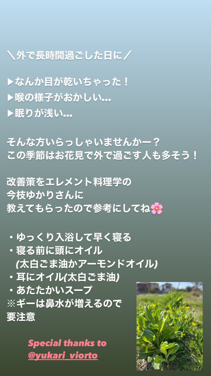 ＼外で長時間過ごした日は…／
先日の心のデトックスイベントに
ご参加いただいた方で

▶︎なんか目が乾いちゃった！
▶︎喉の様子がおかしい…
▶︎眠りが浅い…

そんな方いらっしゃいませんかー？
お花見もそう！

改善策をエレメント料理学の
今枝ゆかりさんに聞きました😍🌿
↓
<a href="/studioviorto/">いまえだゆかり🍅超プロあぶらー料理家</a>