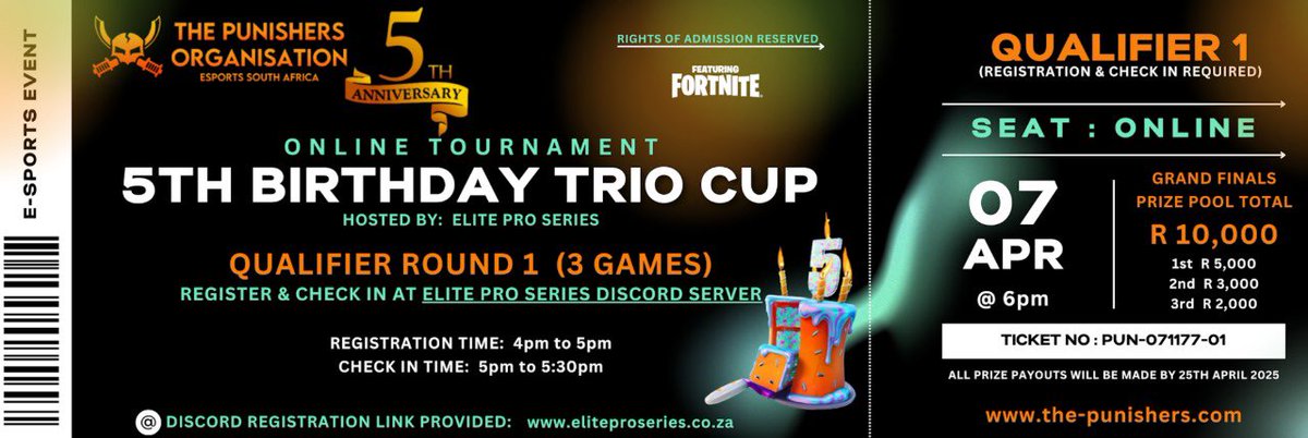 Are you ready for action?

The <a href="/Punishers_Team/">The Punishers Organisation</a> Birthday Trio Cup Q1

🔗 Register here at 16:00: discord.gg/YRQ9gejv

✅ Check in opens at 17:00

🎤 <a href="/Airo_OG_/">Alex Wrigley</a> will be doing a live viewing party on twitch.tv/Airo_OG_