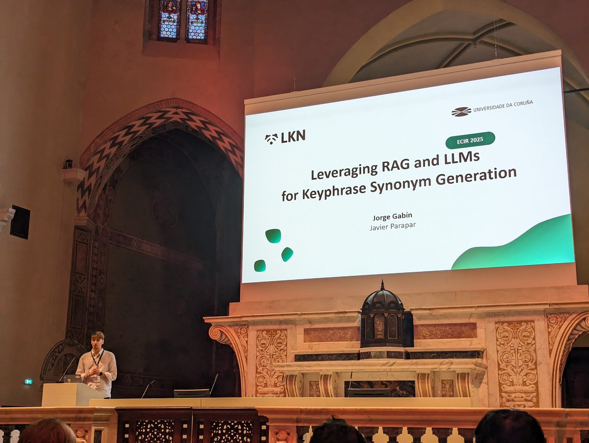 Jack McKechnie (@jackmck1999) on Twitter photo Listening to <a href="/JorgeGabin_/">Jorge</a> from <a href="/UDC_gal/">Universidade da Coruña</a> talk about RAG for Keyphrase Synonym Suggestion. Interesting stuff!
<a href="/ir_glasgow/">Glasgow IR Group</a> <a href="/GlasgowCS/">UofG Computing Science</a> <a href="/ecir2025/">ECIR2025</a> #ECIR2025 Listening to <a href="/JorgeGabin_/">Jorge</a> from <a href="/UDC_gal/">Universidade da Coruña</a> talk about RAG for Keyphrase Synonym Suggestion. Interesting stuff!
<a href="/ir_glasgow/">Glasgow IR Group</a> <a href="/GlasgowCS/">UofG Computing Science</a> <a href="/ecir2025/">ECIR2025</a> #ECIR2025