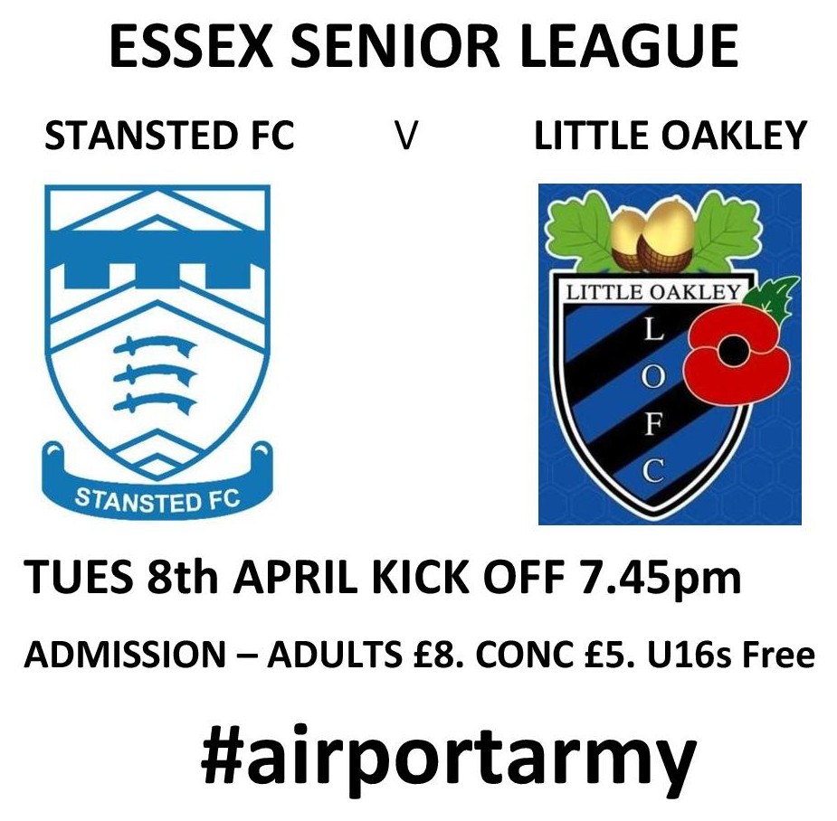 Tues 8th April <a href="/FCStansted/">Stansted FC</a> v <a href="/LittleOakleyFC/">𝐋𝐢𝐭𝐭𝐥𝐞 𝐎𝐚𝐤𝐥𝐞𝐲 𝐅𝐂</a> . Kick Off 7.45pm at Hargrave Park. Bar Open, Hot Food available. #airportarmy