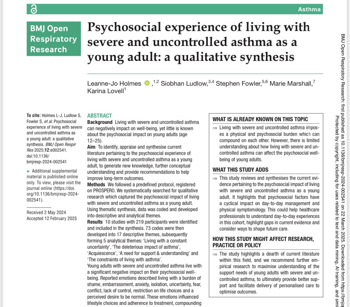 Manchester Catalys (@mcrcatalys) on Twitter photo Young adults with severe & uncontrolled asthma live with a burden of shame, embarrassment, anxiety, isolation, uncertainty, fear, conflict, lack of control & restriction on life choices. Personalised care is crucial.
New #PhD research from <a href="/ConsnurseLJH/">Leanne-Jo Holmes</a>! bmjopenrespres.bmj.com/content/12/1/e… Young adults with severe & uncontrolled asthma live with a burden of shame, embarrassment, anxiety, isolation, uncertainty, fear, conflict, lack of control & restriction on life choices. Personalised care is crucial.
New #PhD research from <a href="/ConsnurseLJH/">Leanne-Jo Holmes</a>! bmjopenrespres.bmj.com/content/12/1/e…