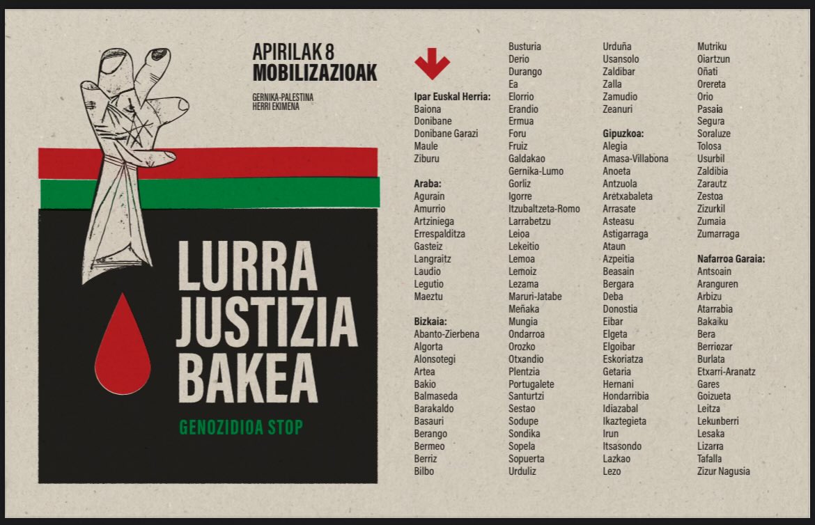 𝐀𝐏𝐈𝐑𝐈𝐋𝐀𝐊 𝟖 - 𝐌𝐎𝐁𝐈𝐋𝐈𝐙𝐀𝐙𝐈𝐎𝐀𝐊
Orain arte baieztaturik dauden herrien zerrenda. 
Animo eta ekin mobilizatzeari 💪🏼
#GenozidioaSTOP
#LurraJustiziaBakea
#KeepTalkingAboutPalestine Bihar