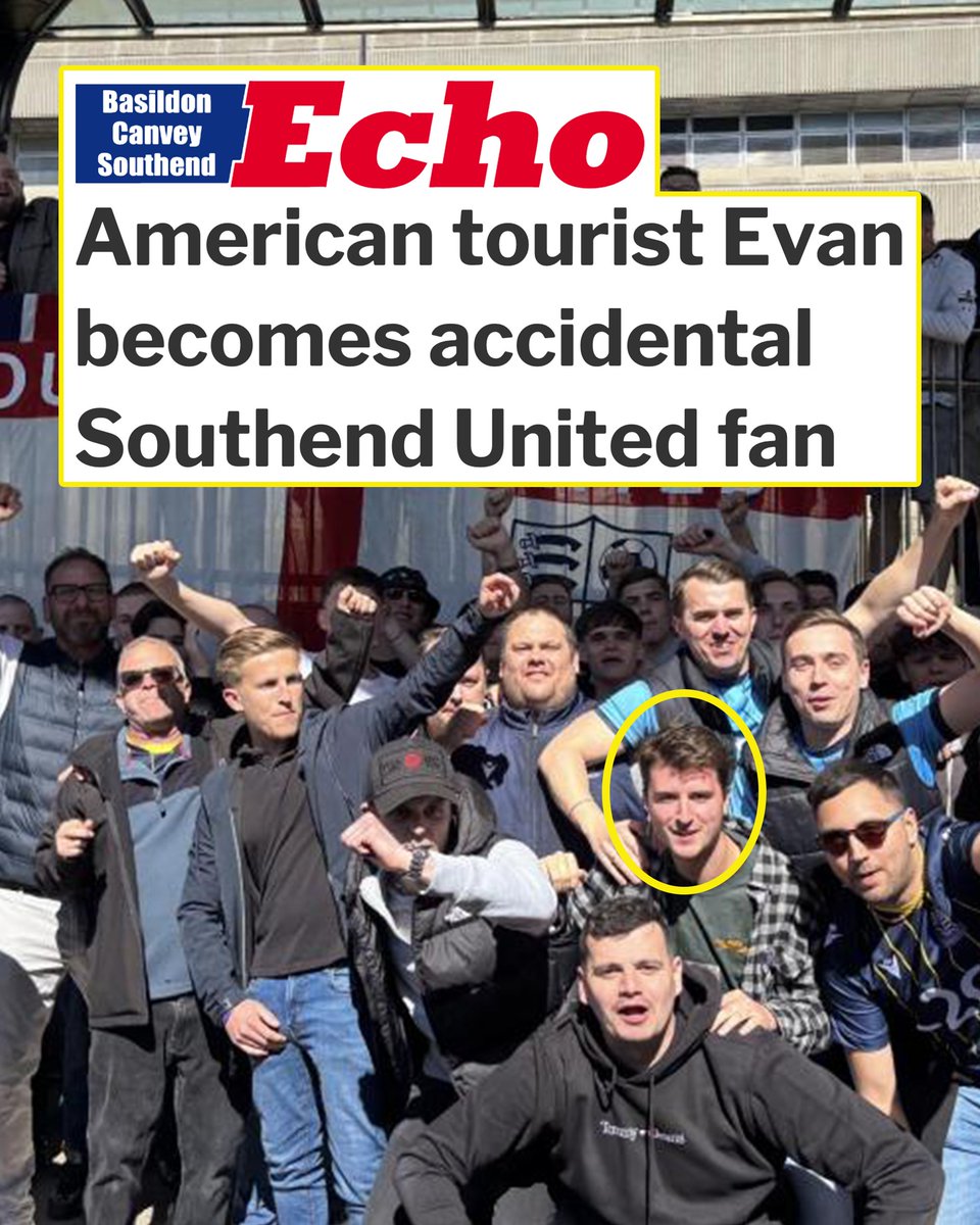 MenInBlazers's tweet image. Evan Johnston, a 21-year-old from Arizona, boarded the wrong boat in London and instead of a sightseeing cruise was among Southend fans travelling to a game vs. Sutton by water 🦐

Shrimpers fans adopted Evan, took him to the match and he's now "a Southend fan till I die" 💙