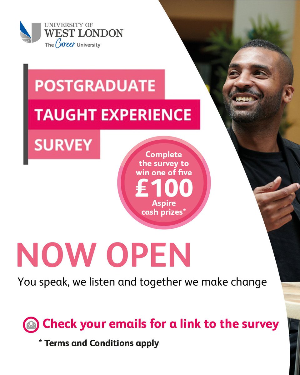 Postgraduate taught students!📢

The Postgraduate Taught Experience Survey (PTES) is open! Check your email to complete the survey before it closes on 11th May for a chance to win £100 Aspire cash (T&amp;Cs)!

You speak, we listen and together we make change 🌟
#HaveYourSay #LoveUWL
