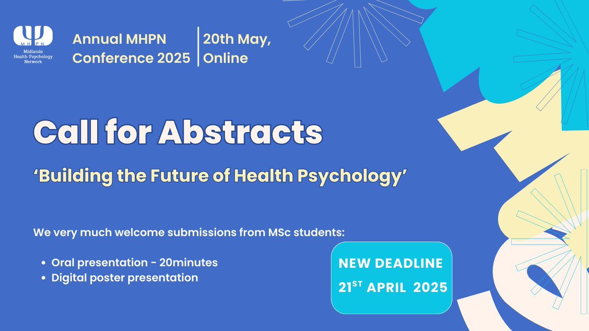 📢 Extended Abstract Submission Deadline - 21 April 📢

We’re excited to invite you to share your #HealthPsychology research. You now have extra time to submit your abstract.

Visit our website for full submission guidelines!  ⬇️
midshealthpsych.com/abstract-submi…