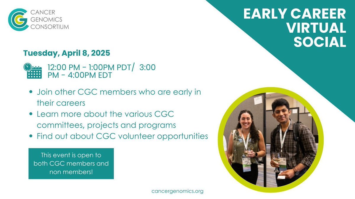 Don't forget to join us tomorrow, April 8th, for an exciting virtual event hosted by the CGC Early Career Initiative Committee. This is a great opportunity to explore the different CGC committees, projects, and programs. Make sure to register here: cancergenomics.org/cgc_webinars_a…