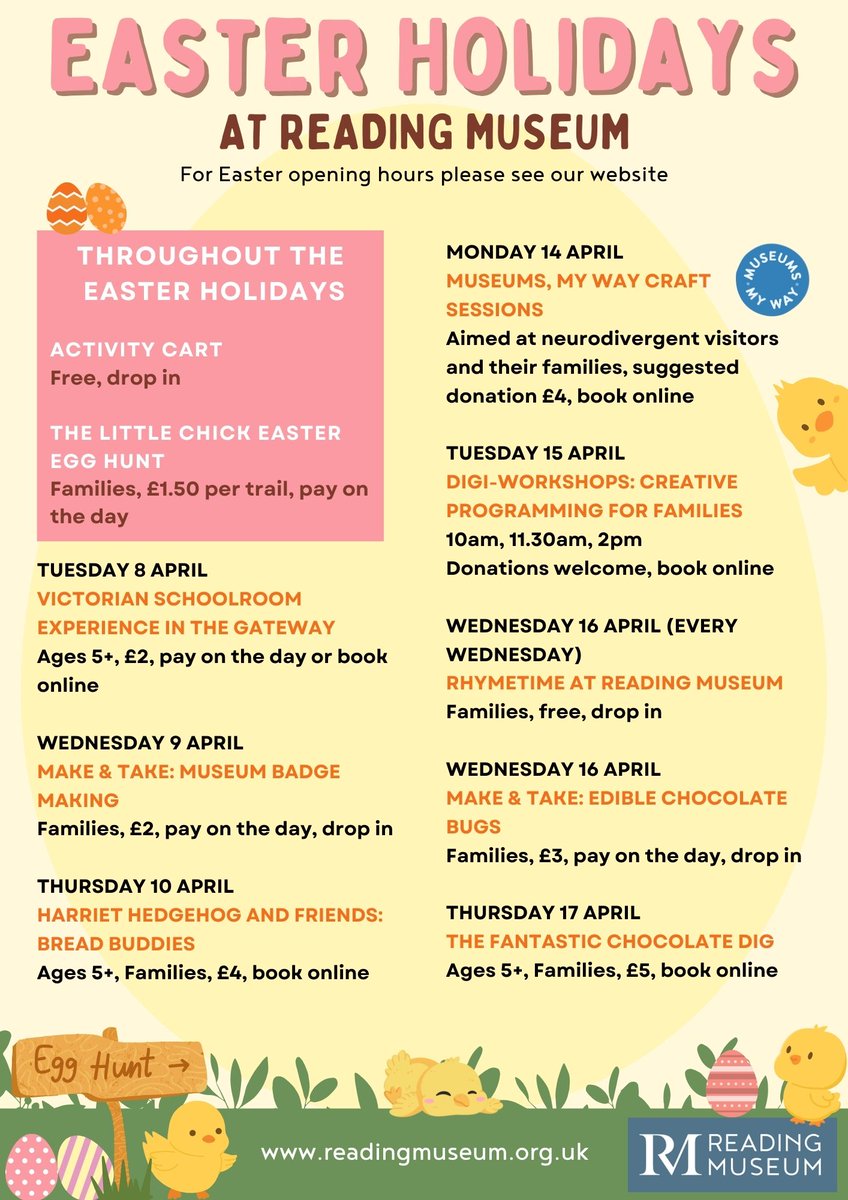 We are looking forward to welcoming families into the Museum tomorrow..

Take a look at our Family Fun page for full listings of what we have going on over the Easter Holidays 🐤 🐣 🐥 

rdguk.info/MmQxv

#RDG #RDGUK #EasterHolidayFun