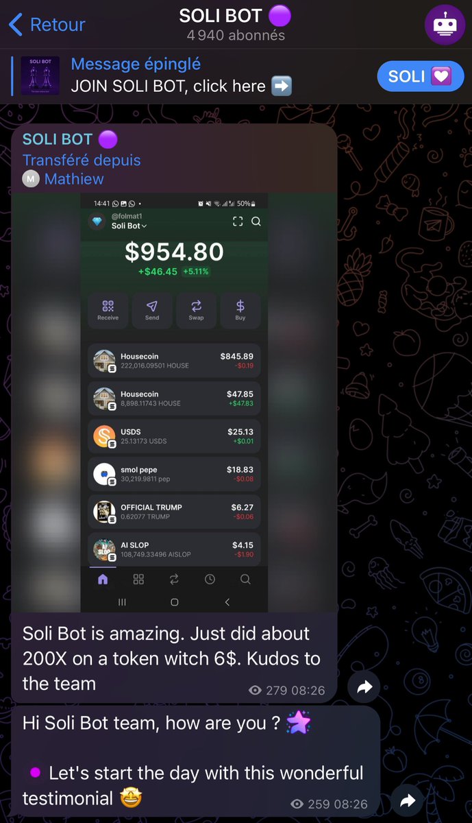 Follow the best-performing wallets in real time with Soli Bot ! 📈

We've put the best wallets of the moment directly into our bot, so all you have to do is deposit and activate the wallet to make money in your sleep like our thousands of users ! 🚀🚀

Don't miss any more