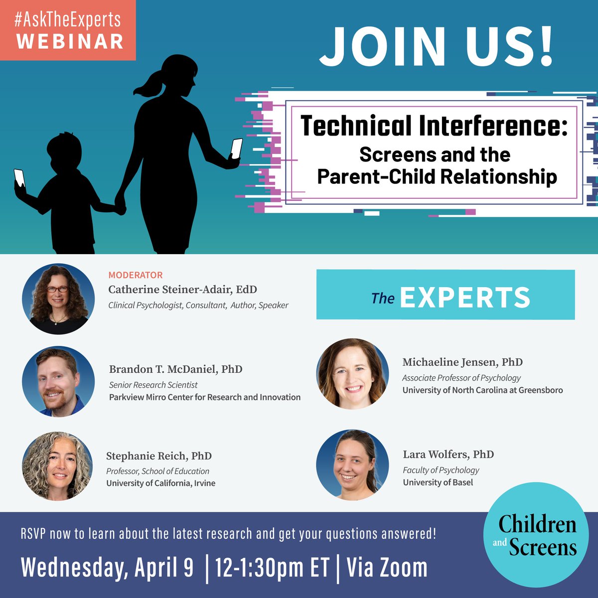 Join us for #AskTheExperts webinar “Technical Interference: Screens and the Parent-Child Relationship” on Wed, April 9 12PT ET where we share latest evidence on how digital media use can affect parent/child dynamics. 

us02web.zoom.us/webinar/regist…