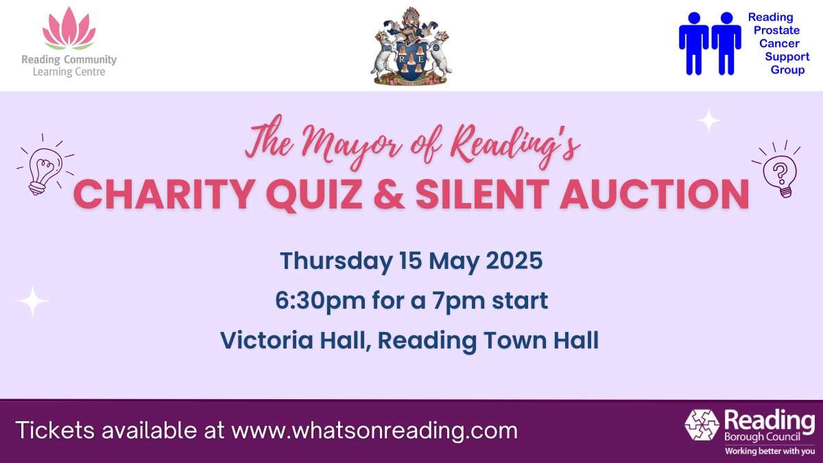Mayor Glenn Dennis (@mayorofreading) on Twitter photo Please join me for an evening of fun raising funds for my charities <a href="/RCLCReading/">Reading Community Learning Centre</a> and Reading Prostate Cancer Support Group.
The event will feature a team quiz, a silent auction, entertainment and a delicious curry meal.
Book tickets at rdguk.info/7EJiP Please join me for an evening of fun raising funds for my charities <a href="/RCLCReading/">Reading Community Learning Centre</a> and Reading Prostate Cancer Support Group.
The event will feature a team quiz, a silent auction, entertainment and a delicious curry meal.
Book tickets at rdguk.info/7EJiP