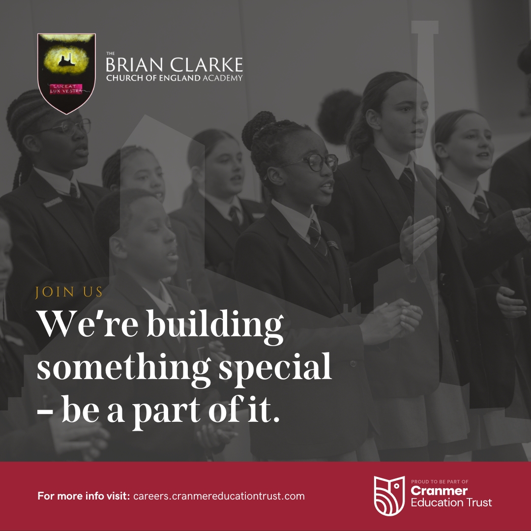 The Brian Clarke CE Academy is looking to appoint:

~Pastoral Support Officer
~Senior Pastoral Officer
~Attendance and Welfare Officer
~Head of Geography
~Higher Level Teaching Assistant (Bridge and Mainstream)
~Teacher of Maths

APPLY TODAY: careers.cranmereducationtrust.com