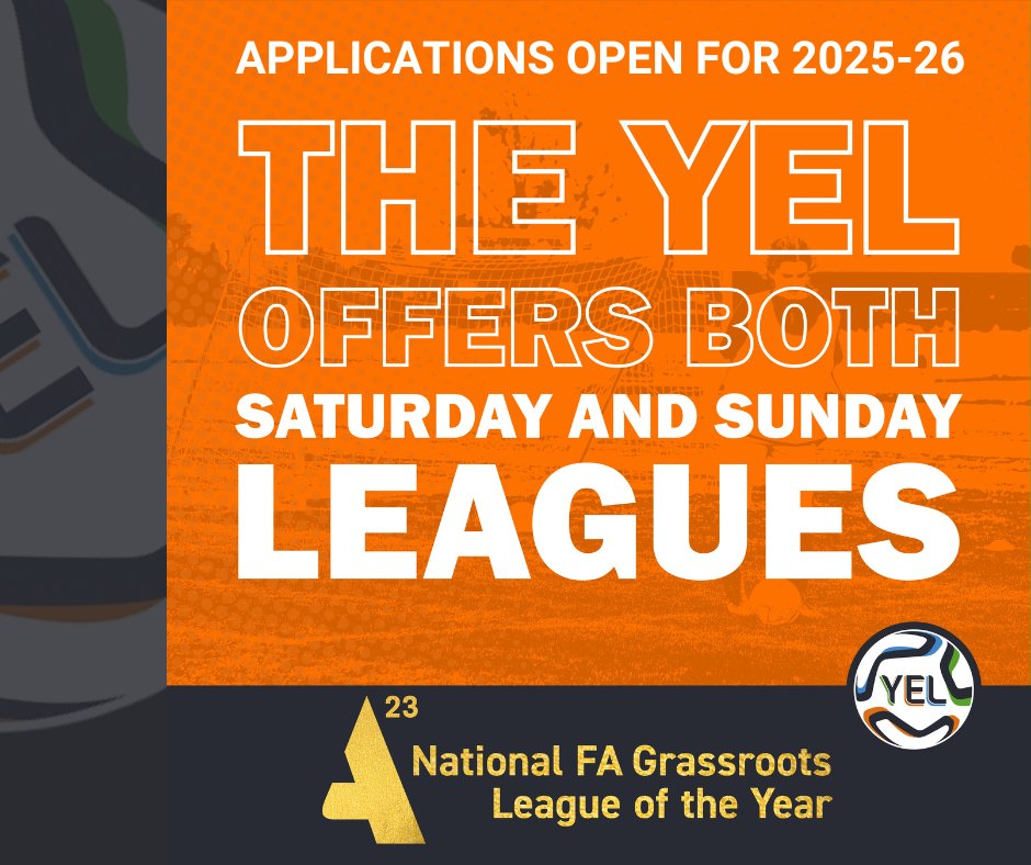 Are you a new club/team that is looking to join the National FA Grassroots League of the Year? Applications are now open. yelonline.com/join-the-yel/ Looking to play Sat/Sun or both? We've got a league and a division for you.