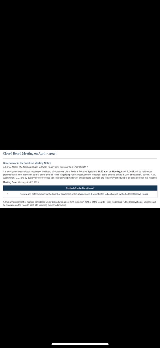 🇺🇸 BREAKING: the Fed has announced it will hold a closed board meeting on April 7.