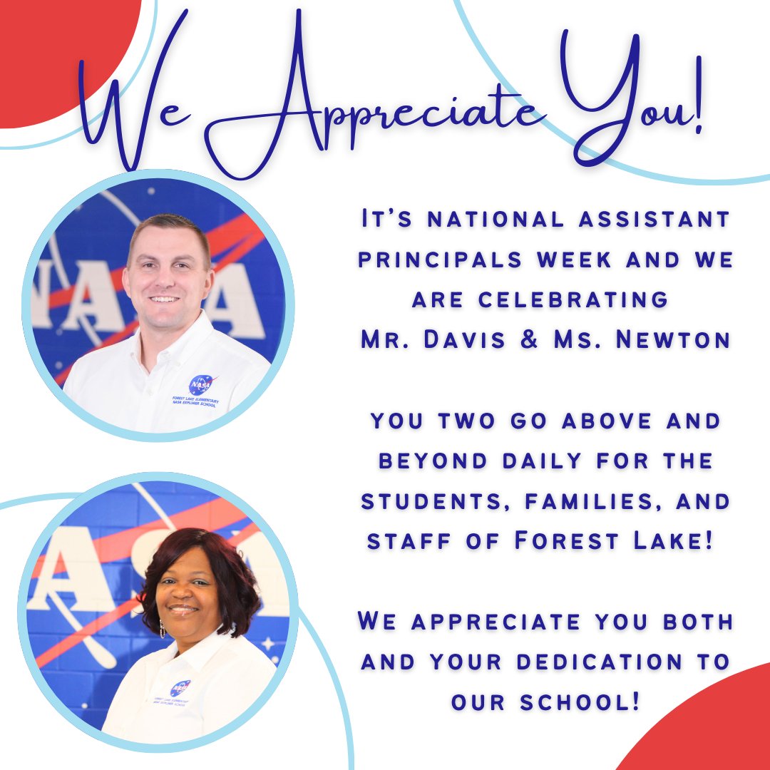 Forest Lake Eagles (@forestlakeeagle) on Twitter photo Mr. Davis and Ms. Newton,
Happy National Assistant Principals Week! We appreciate you and your dedication to our school! <a href="/Bjackson_FLE/">B Jackson</a> <a href="/Davis_FLE/">Brandon Davis</a> <a href="/stnewton9/">Stephanie Newton</a> <a href="/TWilliamsFLE/">Mrs. T. Williams FLE</a> <a href="/RichlandTwo/">Richland School District Two</a> Mr. Davis and Ms. Newton,
Happy National Assistant Principals Week! We appreciate you and your dedication to our school! <a href="/Bjackson_FLE/">B Jackson</a> <a href="/Davis_FLE/">Brandon Davis</a> <a href="/stnewton9/">Stephanie Newton</a> <a href="/TWilliamsFLE/">Mrs. T. Williams FLE</a> <a href="/RichlandTwo/">Richland School District Two</a>