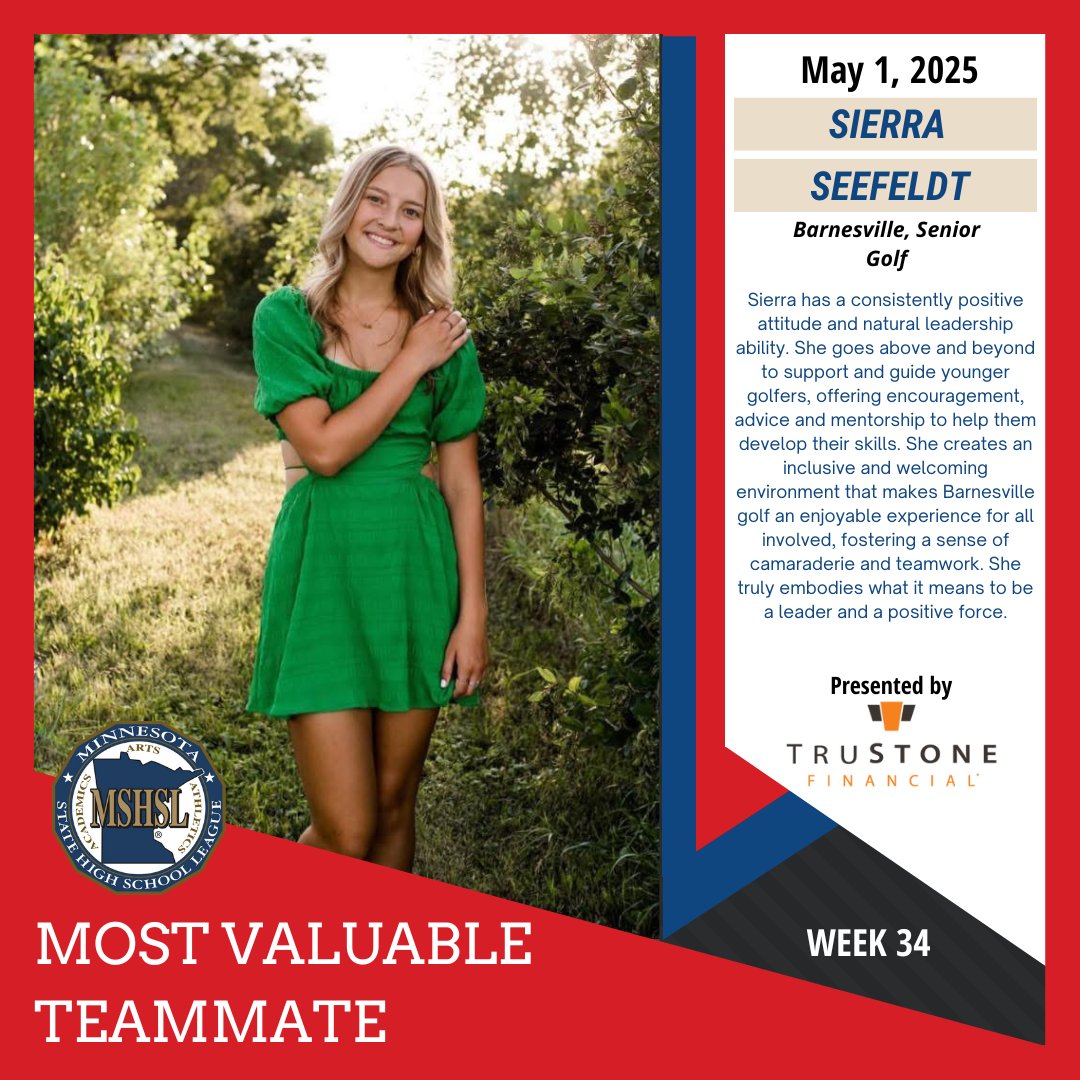 MinnesotaMillea's tweet image. Congratulations to this week's #mshsl Most Valuable Teammate, Sierra Seefeldt of Barnesville. MVT is sponsored by @TruStoneFCU