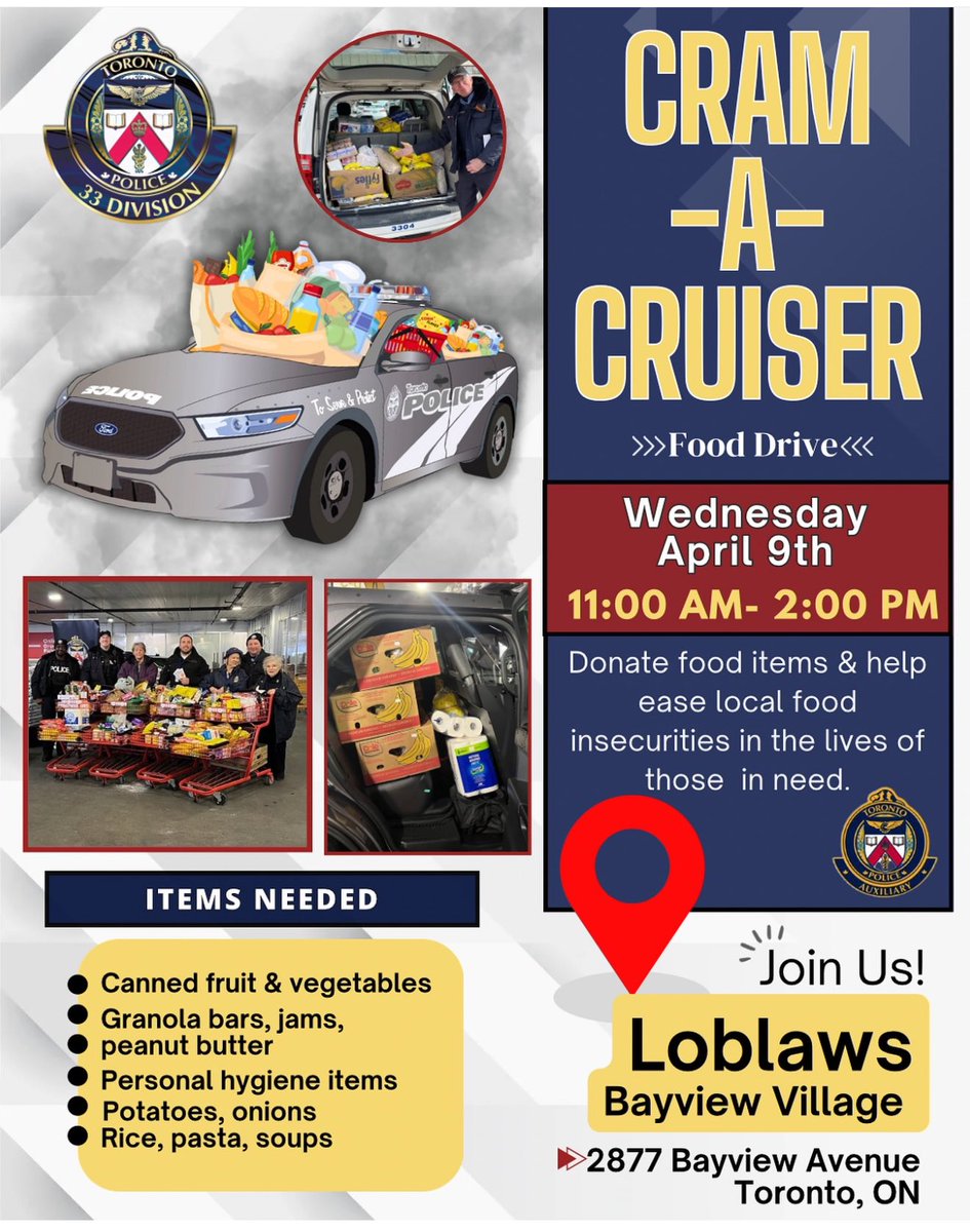 BVA (@bvassociation) on Twitter photo Support our local 33 Division - Toronto Police Service <a href="/TPS33Div/">33 Division</a> - this Wednesday 11 am - 2 pm at Loblaws Bayview Village - help Cram-A-Cruiser with non-perishable food for the food bank. Support our local 33 Division - Toronto Police Service <a href="/TPS33Div/">33 Division</a> - this Wednesday 11 am - 2 pm at Loblaws Bayview Village - help Cram-A-Cruiser with non-perishable food for the food bank.