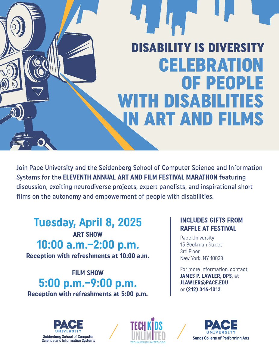 Join <a href="/PaceUniversity/">Pace University</a> on 4/8 at 5 PM for the 11th Annual Film Festival Marathon! Celebrate disability creativity through short films, expert panels &amp; vibrant discussions. Commissioner Curry of <a href="/NYCDisabilities/">NYC MOPD</a> will be speaking! 

<a href="/pace_seidenberg/">Seidenberg School</a>, <a href="/PaceUniversity/">Pace University</a>, <a href="/TechKidsU/">Tech Kids Unlimited</a>